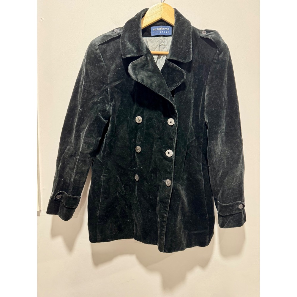 Liz Claiborne Lizsport Black Cotton Velvet Pea Coat Blazer Vintage Small